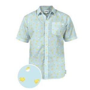 Tipsy Elves Chick Magnet Short Sleeve Button Down Shirt Baby Blue Yellow Birds X